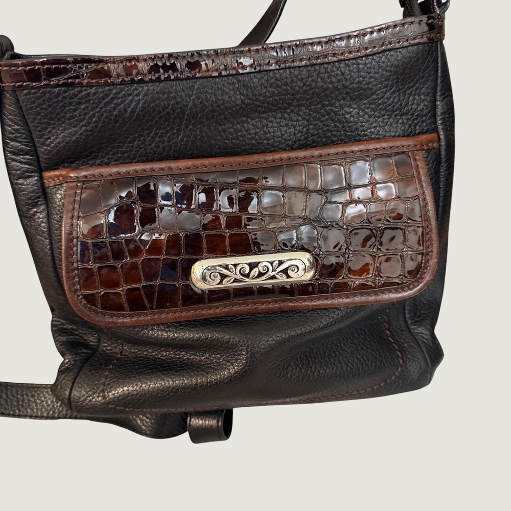 Brighton Black Leather Croc Embossed Crossbody Bag Brown Trim Organizer Purse